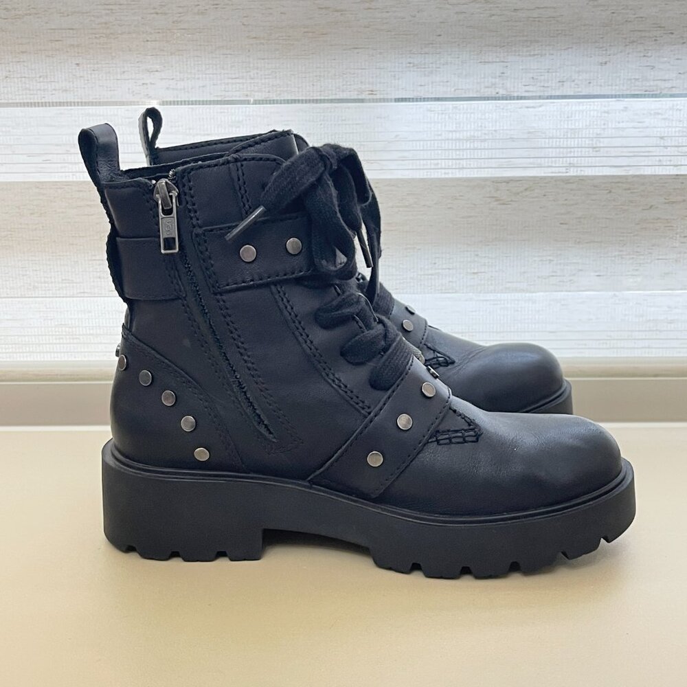 Ugg Zorrah Boots 6 Moto Combat Black Leather Silver Studs Side Zip Strap Buckle - Picture 7 of 16